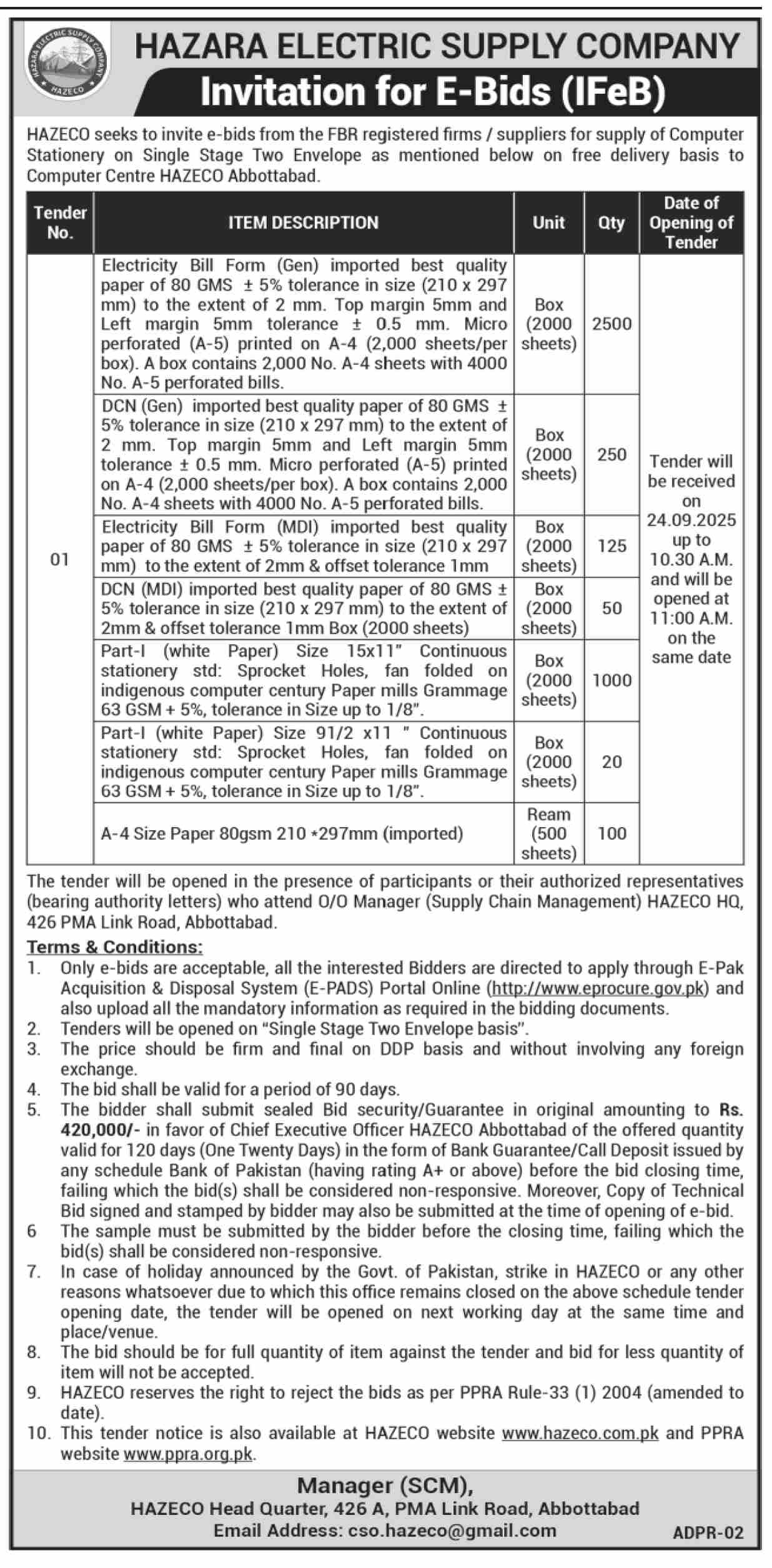 Hazara Electric Supply Company Tender Notice